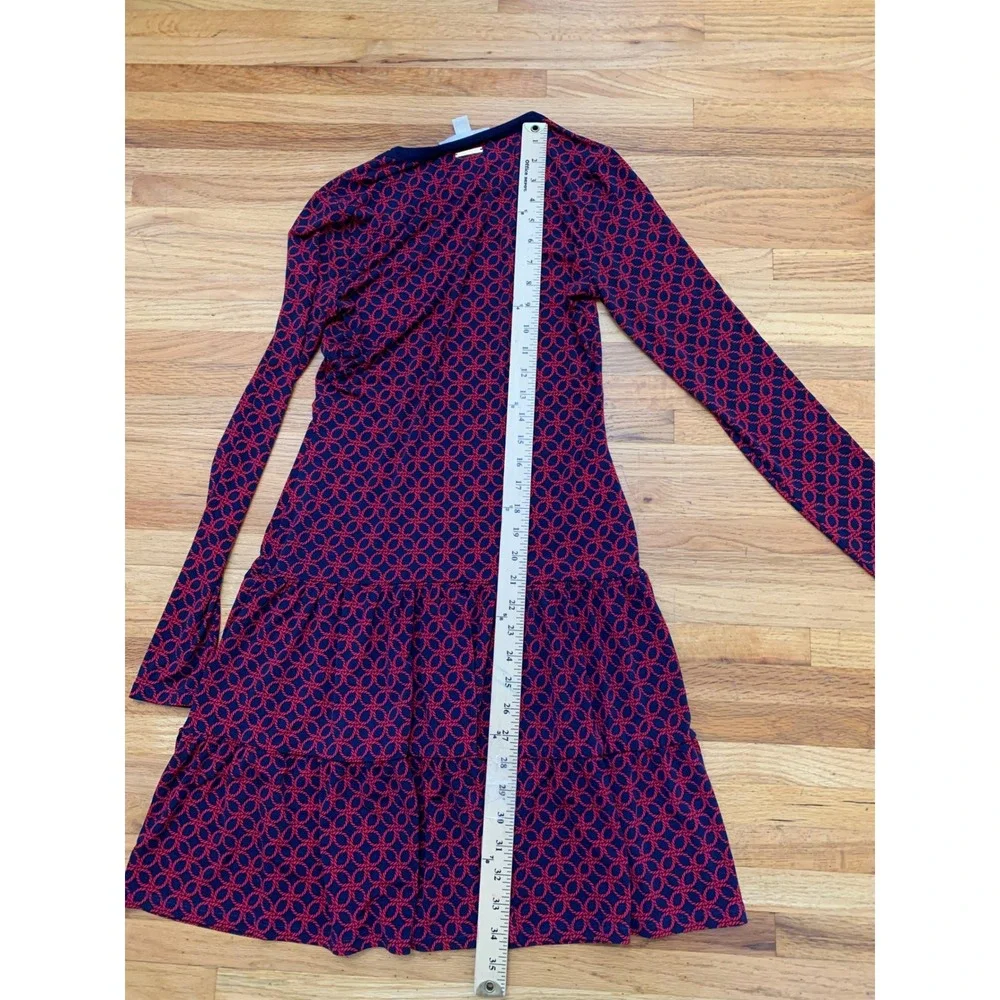 Michael Kors Navy Red Rope Link Print Tiered Ruffle Long Sleeve Dress XS